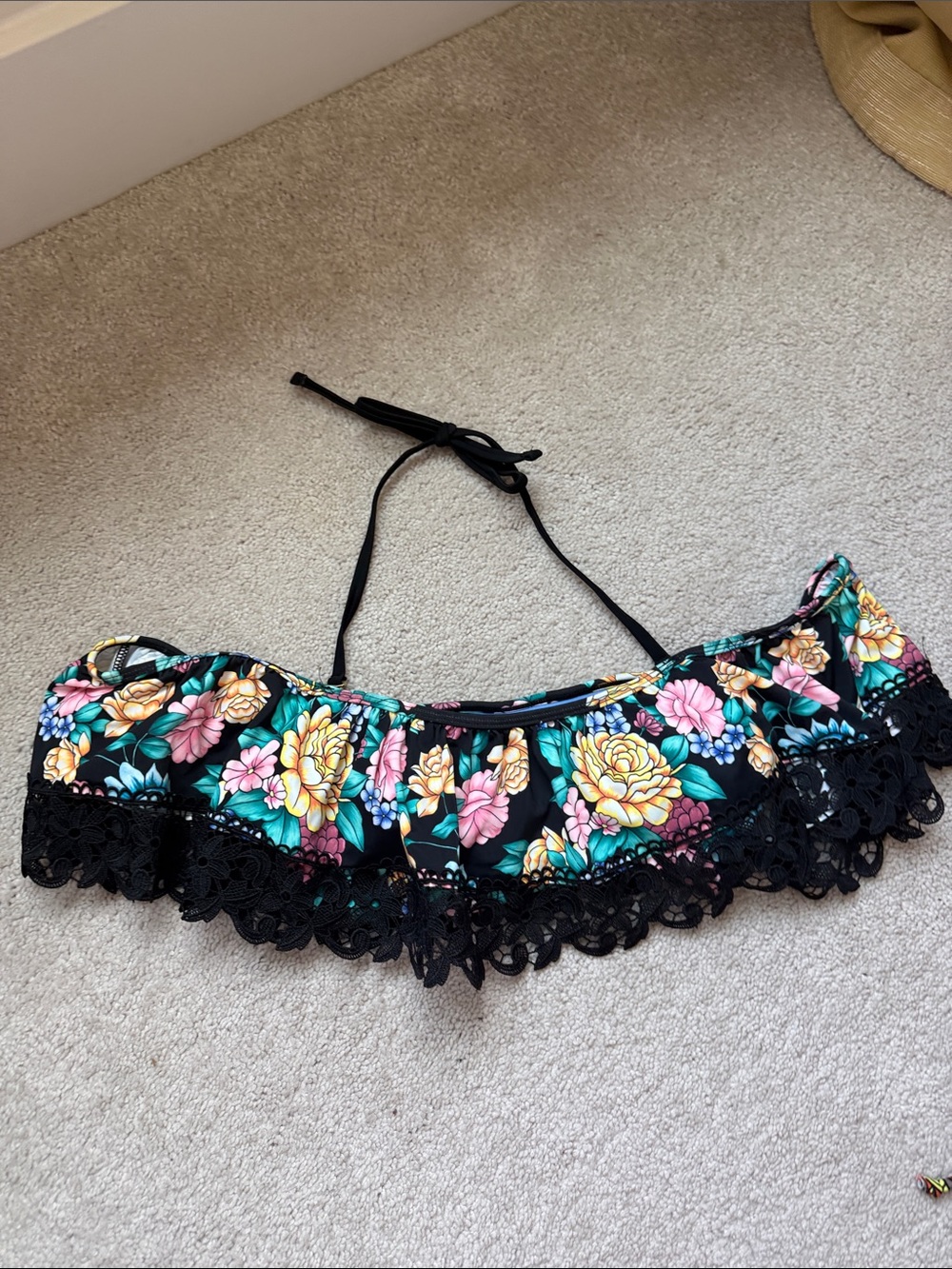 Black Floral Ruffle Bikini Top Off the Shoulder with Black Lace Trim Size Small